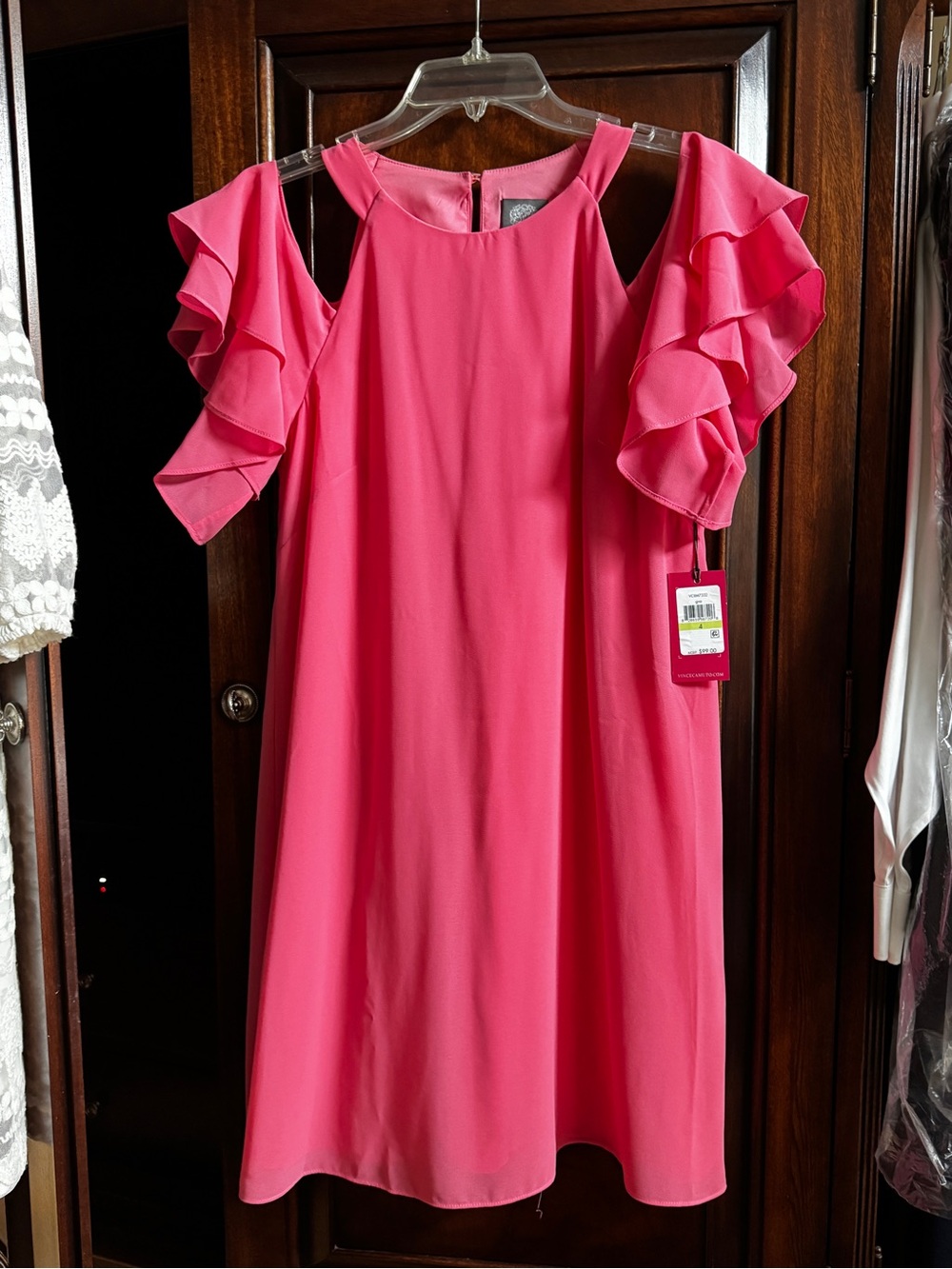 Vince Camuto Hot Pink One-Shoulder Ruffle Sleeve Dress